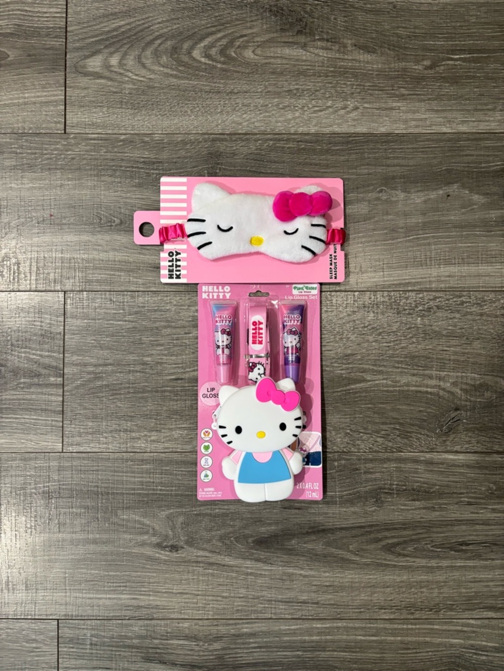 Sanrio Hello Kitty Pink Lip Gloss Set with Plush Eye Mask and Character Holder